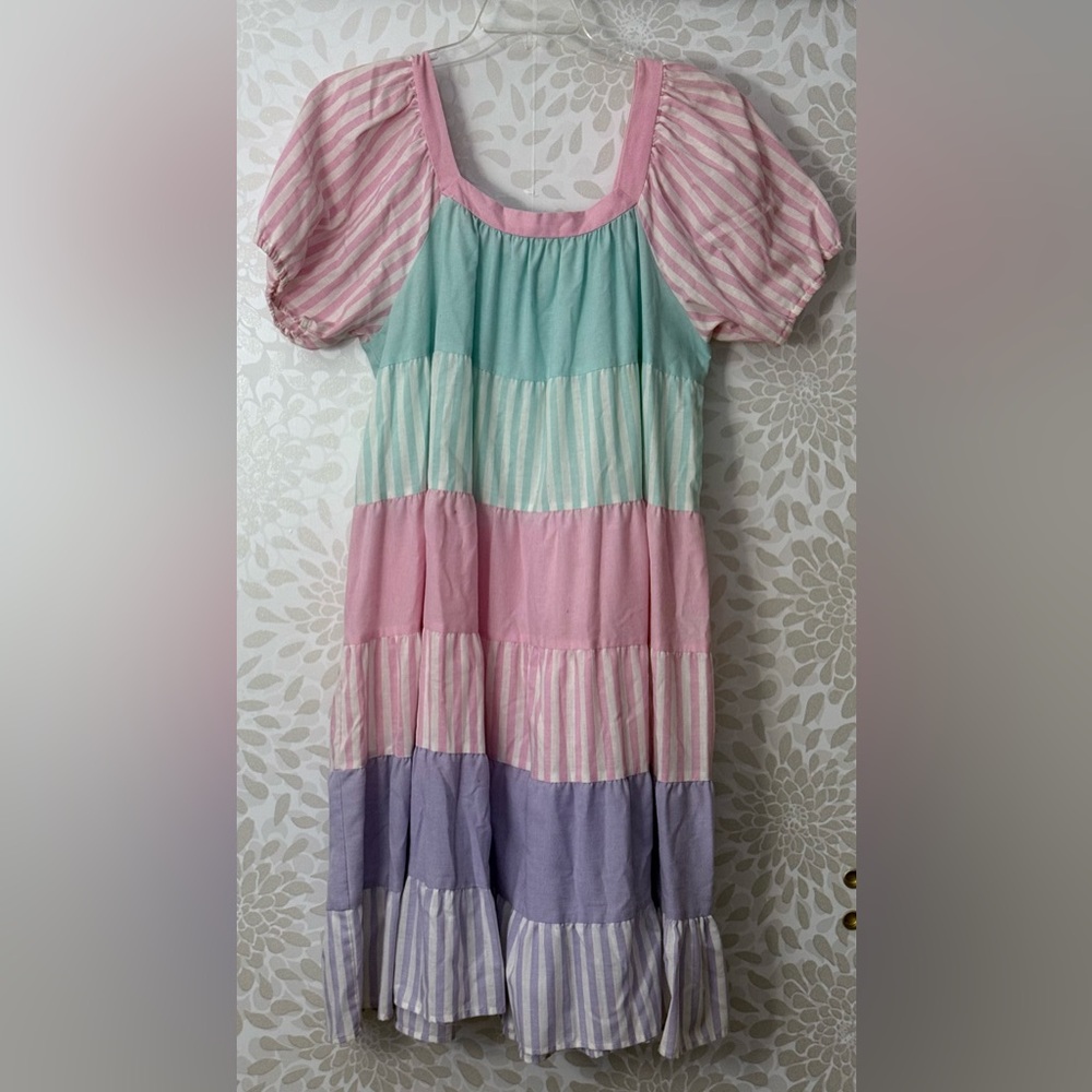 VTG Krist Gudnason Women’s XL Pink Purple Blue Stripe Tiered Peasant Dress